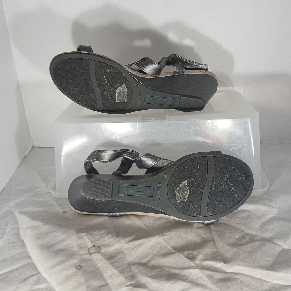 Comfort Plus by Predictions Wedge Sandals 8W Pewter Rhinestone Metallic Glam